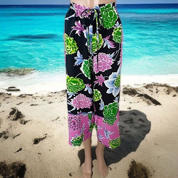 Floral Patchwork Wide Leg Pants M Hippie Artsy Boho Chic Fairy Flowy Drawstring - Picture 13 of 16